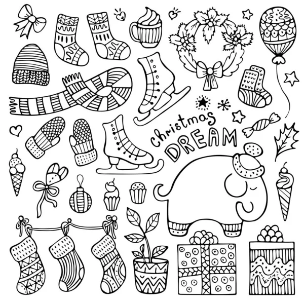 Set de doodle Navidad y elementos invernales — Vector de stock