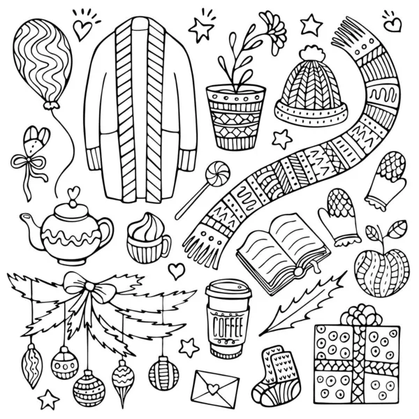 Ensemble d'éléments de Noël et d'hiver doodle — Image vectorielle