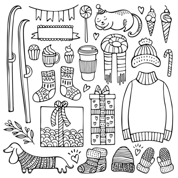 Ensemble d'éléments de Noël et d'hiver doodle — Image vectorielle