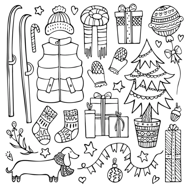 Conjunto de elementos de Natal e inverno doodle — Vetor de Stock