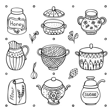 Utensil beyaz arkaplanda izole edildi. Doodle kümesi. 