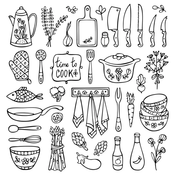 Conjunto de doodle cozinha isolado em fundo branco Ilustrações De Stock Royalty-Free