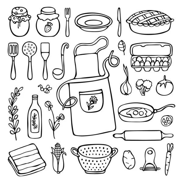Keittiön doodle asetettu eristetty valkoisella taustalla — vektorikuva