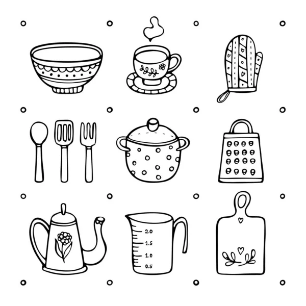 Utensil isolated in white background. Doodle set. — Stock Vector