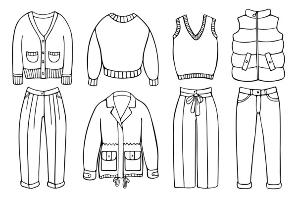 Doodle szkic zestaw ubrań na zimno — Wektor stockowy