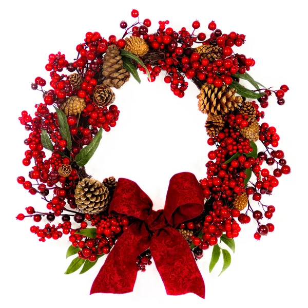 Red Berry and Pine Cone Wreath with Bow — Stock Photo, Image