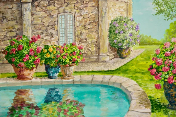 Villa con fiori in vaso — Foto Stock