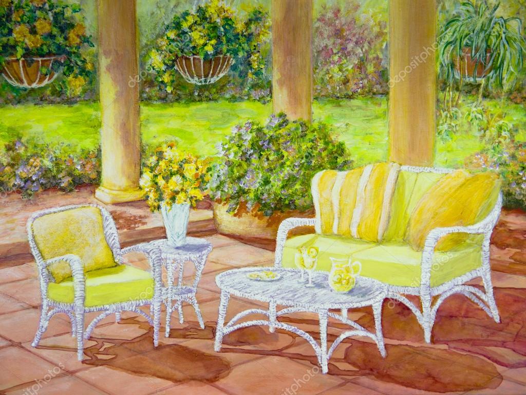 patio con muebles de mimbre — Foto de stock © LynneAlbright #26379743