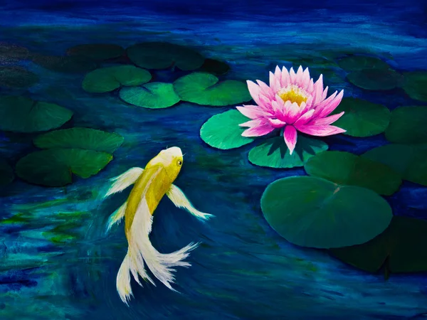 Yellow Butterfly Koi and a Pink Water Lily — Stock Photo, Image