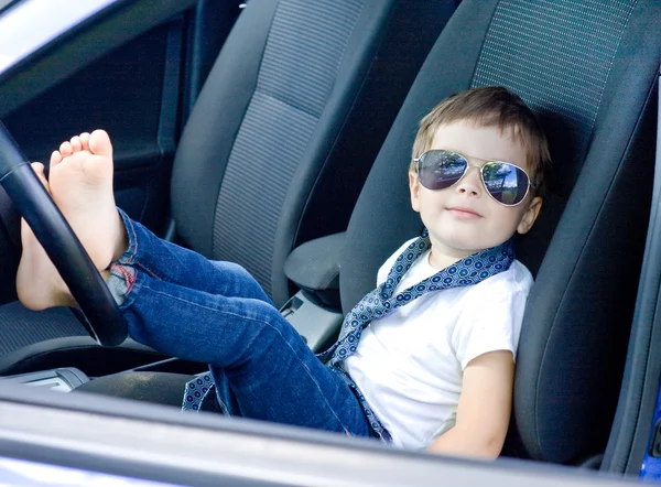 Boy Glasses Tie Sitting Car — Stock Photo, Image