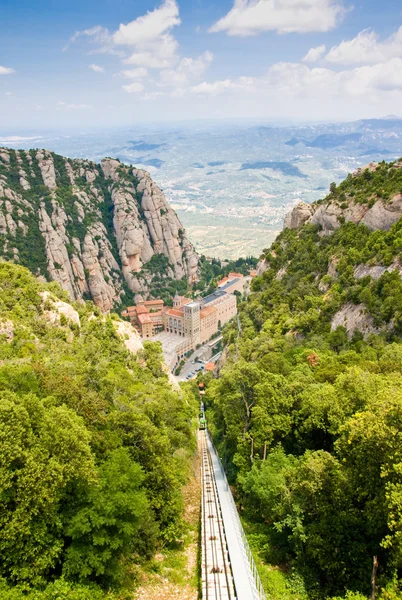 Aerial view of the Montserrat monastery. Santa Maria de Montserrat is a Benedictine abbey located on the mountain of Montserrat, in Monistrol de Montserrat, in Catalonia, Spain — Stock Photo, Image