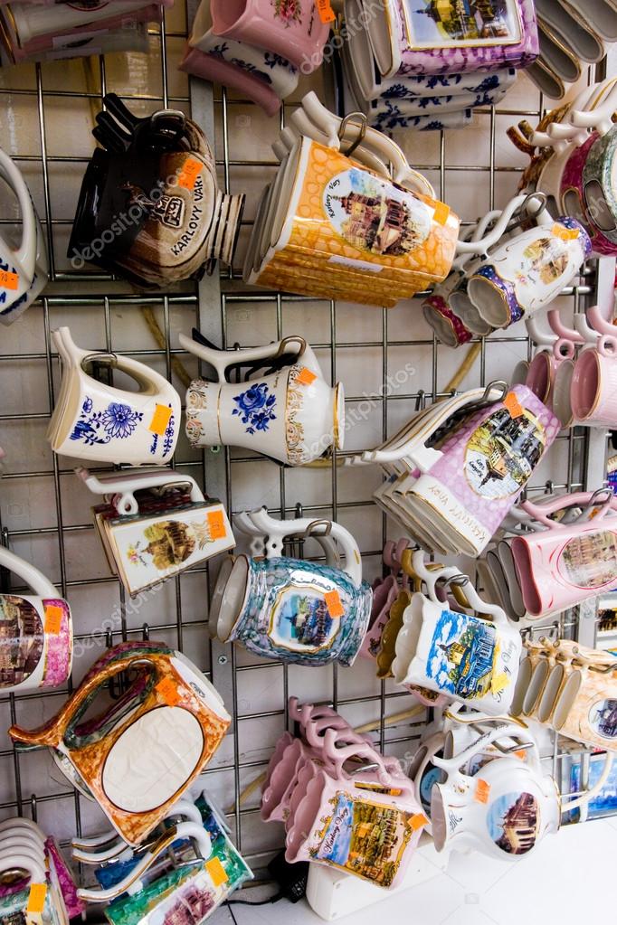 Porcelain cups for mineral water in Carlsbad, Czech Republic Stock