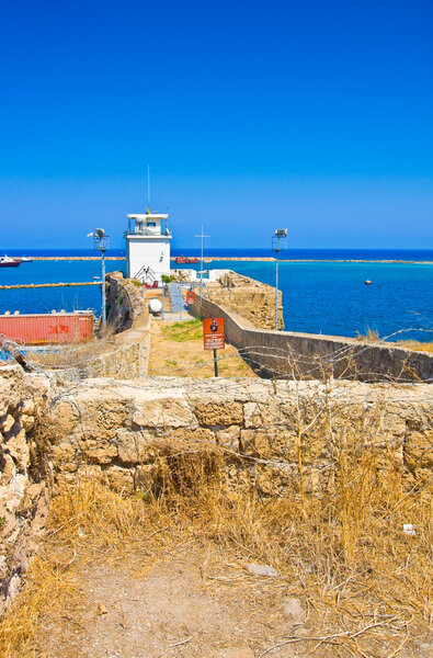 Summer view of sea through barbed wire from fortress Othello. Famagusta. Northern Cyprus