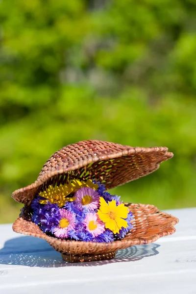 Bouquet of bright wildflowers in wicker shell — Stock Photo, Image