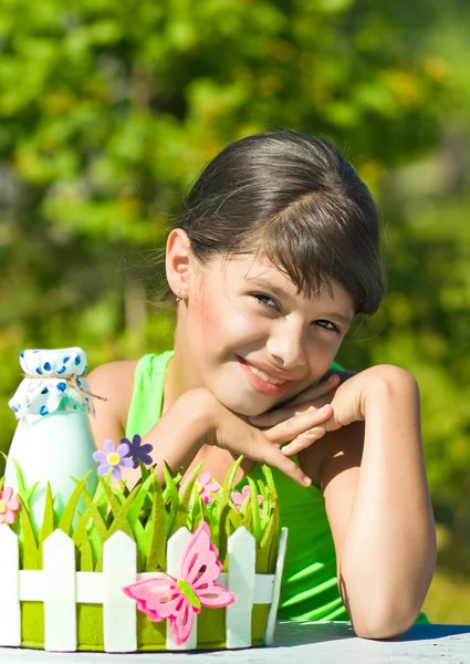 Girl with bottle of milk — Stock Photo, Image