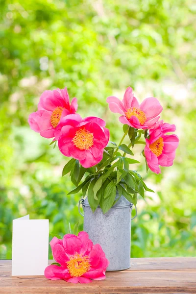 Pink peonies in metal vase, gift and empty card — Stock Photo, Image