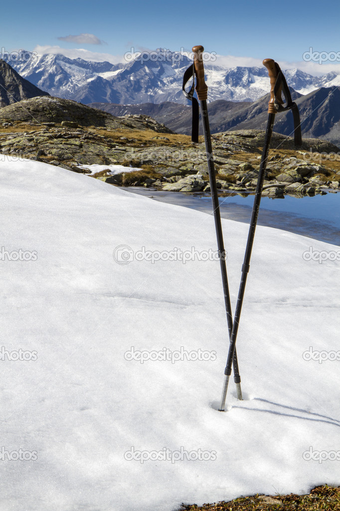 A pair of walking sticks in snow and mountains