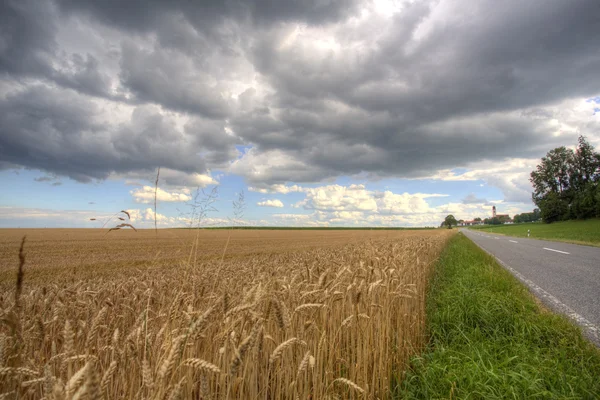 Campo de cevada com estrada rural e aldeia na Baviera, Alemanha — Fotografia de Stock