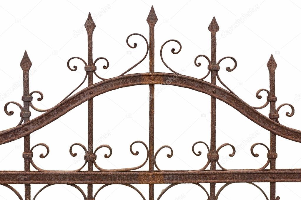 Rusted wrought iron fence on white background