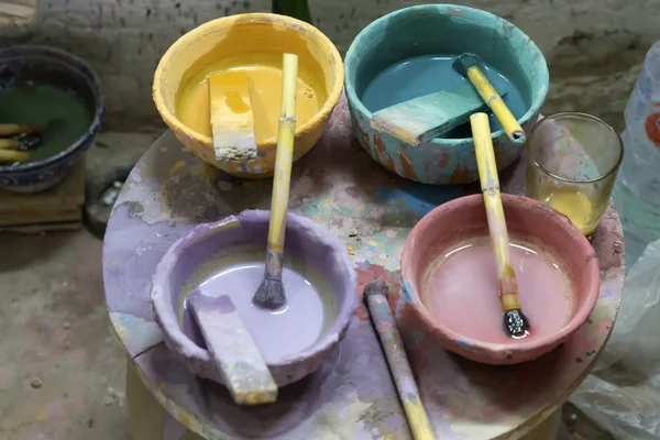 Paint pots seen in a pottery in Morocco — Stock Photo, Image