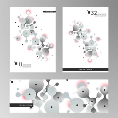 Vektör bağlantısı tasarımı. Broşürlerin kapaklarında renkli elementler olan dairelerin moleküler bileşikleri. Vektör illüstrasyonu