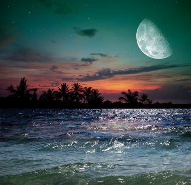 The ocean, sunset and moon