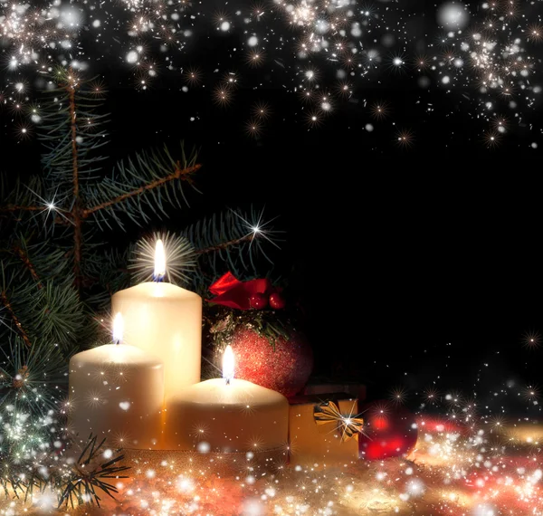 Christmas. Three candles and blue spruce — Stock Photo, Image