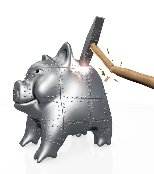 Armored piggy bank resists to a hit of a hammer — Stock Photo, Image