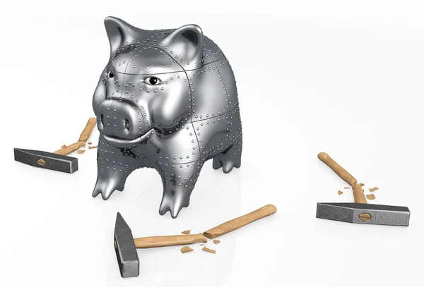 Armored piggy bank resists to hammers — Stock Photo, Image