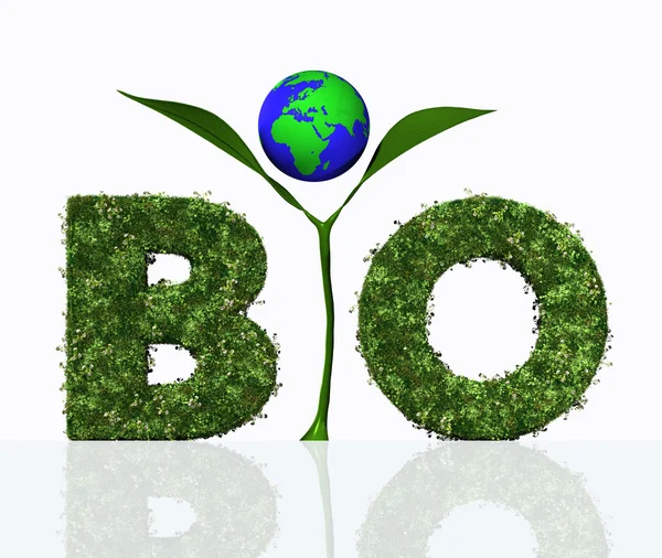 Bio palabra con una planta y el mundo — Foto de Stock