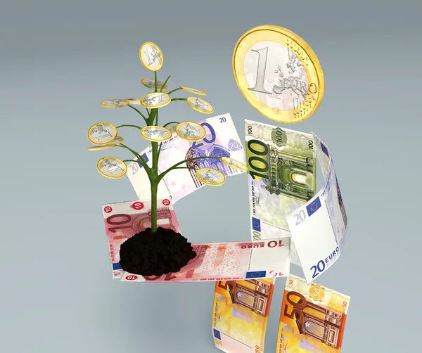 Euro-bankbiljetten teken brengt een kleine euro boom — Stockfoto