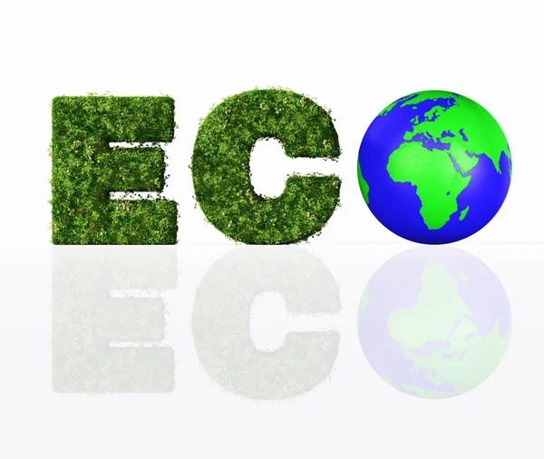 Vista frontal de la palabra ecológica con el mundo — Foto de Stock