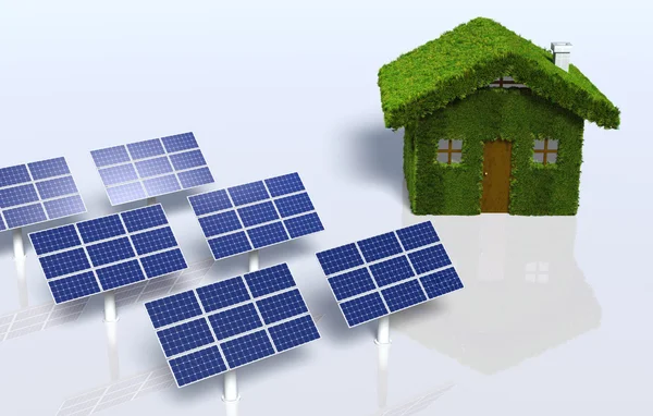 Gräsbevuxen hus med några solpaneler — Stockfoto