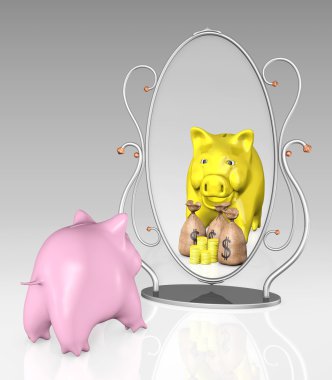 piggy bank is in front of a mirror clipart