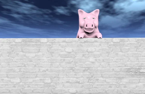 Розовая свинья на стене — стоковое фото