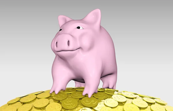 Porquinho rosa em uma pilha de moedas — Fotografia de Stock