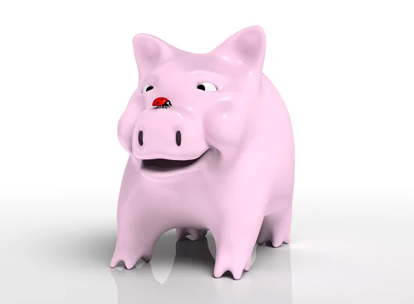 Smiling piggy bank with ladybird on nose — Stock Photo, Image