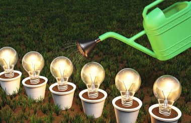Row of light bulbs in pots is watered clipart
