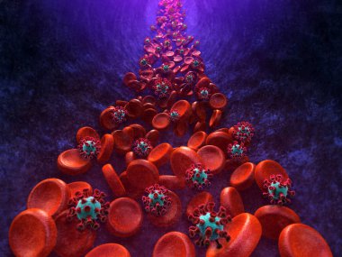 Damardaki kan hücreleri virüs 3 boyutlu illüstrasyonla saldırıyor.
