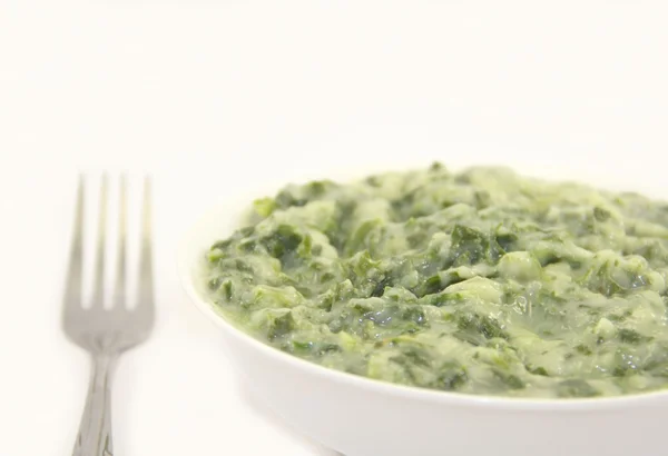 Creamed spinach in a white plate with fork — Stock Photo, Image