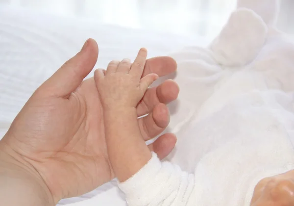 Mão minúscula de bebê recém-nascido e mão grande de pai — Fotografia de Stock