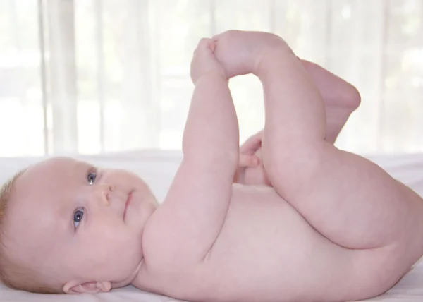 Vier maanden oude babyjongen op de achterkant Rechtenvrije Stockfoto's