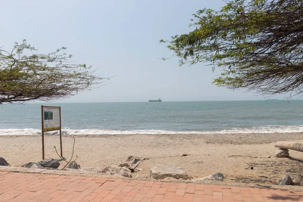  Karayipler 'de büyük bir gemisi olan iki ağacın ortasında havalimanı plajı bilgilendirme tabelası.