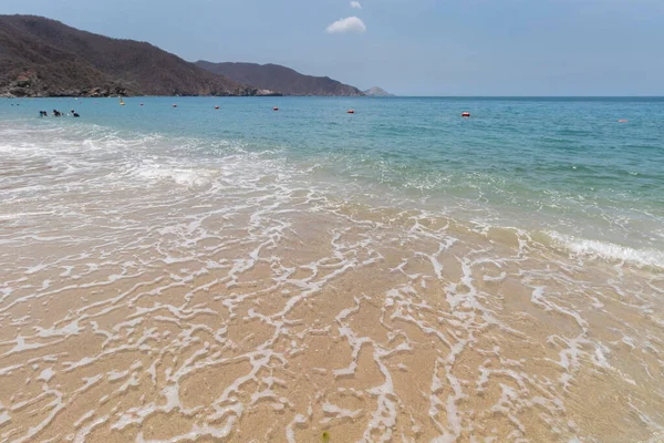 Güneşli bir günde Tayrona Doğal Parkı 'nda güzel mavi deniz manzarası
