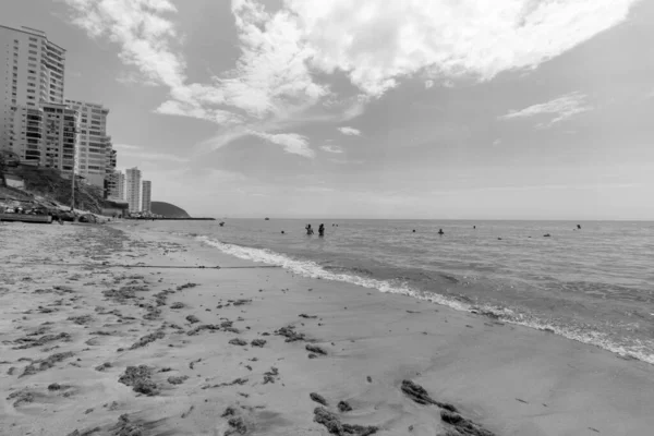 Santa Marta City, Kolombiya 'daki Rodadero Sahili' nin güzel yaz manzarası. Arka planda turist yüzüşü ve yüksek konut binaları var.