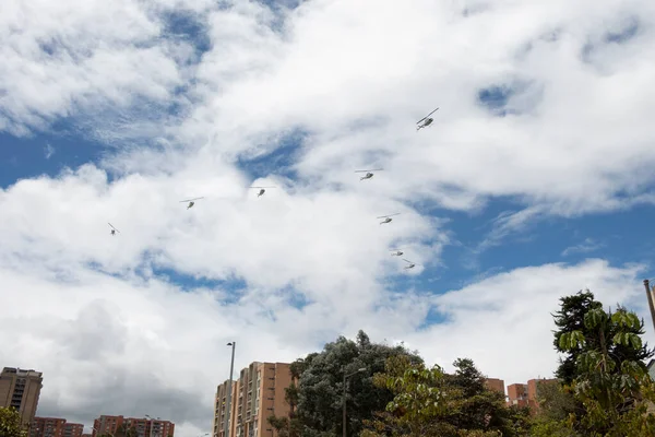 Eight Helicopters Unit Flying Residential Buildings Colombian Independence Day Armed — Fotografia de Stock