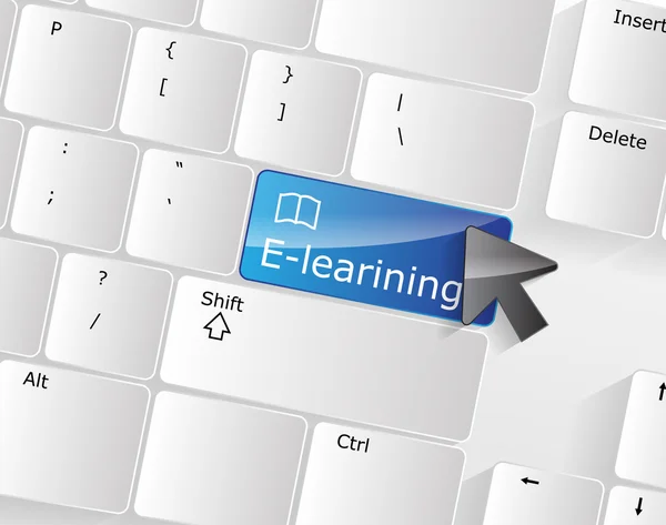 Teclado do computador - Tecla azul E-learning, close-up —  Vetores de Stock