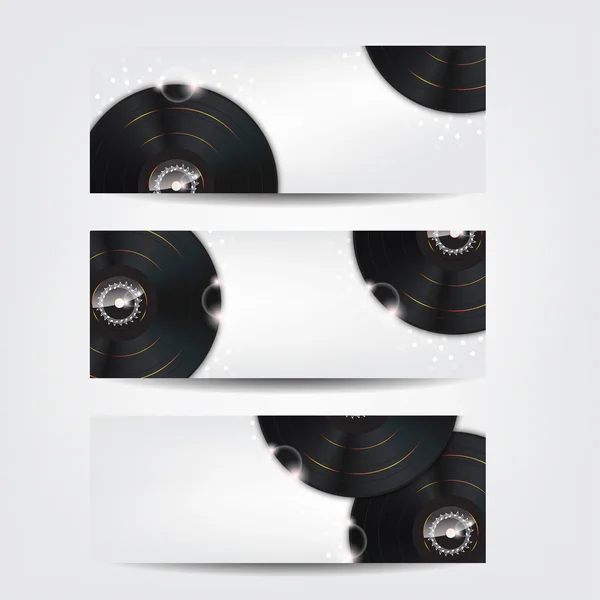 3 Banners de música com placas de vinil de brilho — Vetor de Stock