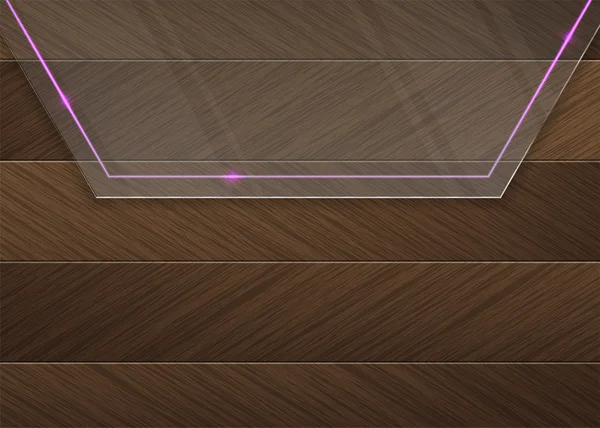 Panel de vidrio con luz de neón rosa sobre fondo de madera — Vector de stock