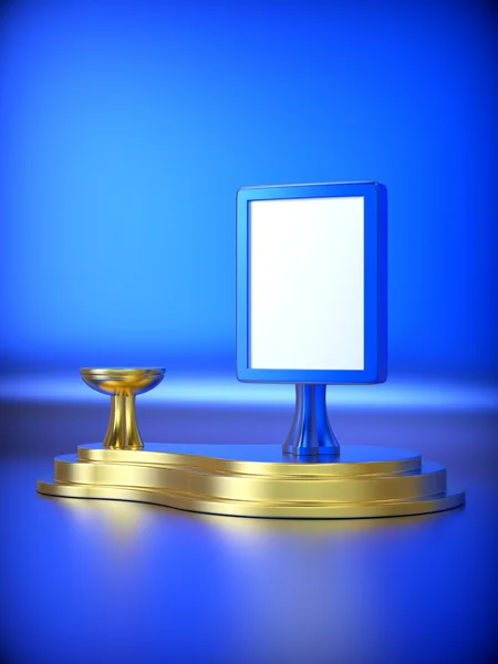 Cartelera en blanco abstracta y pedestal promocional sobre fondo azul . —  Fotos de Stock